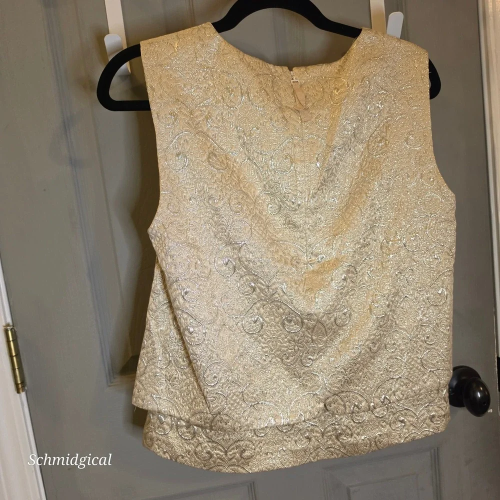 Tory Burch Gold Metallic Jacquard Sleeveless Tiered Top Size 4 Damask Shimmer